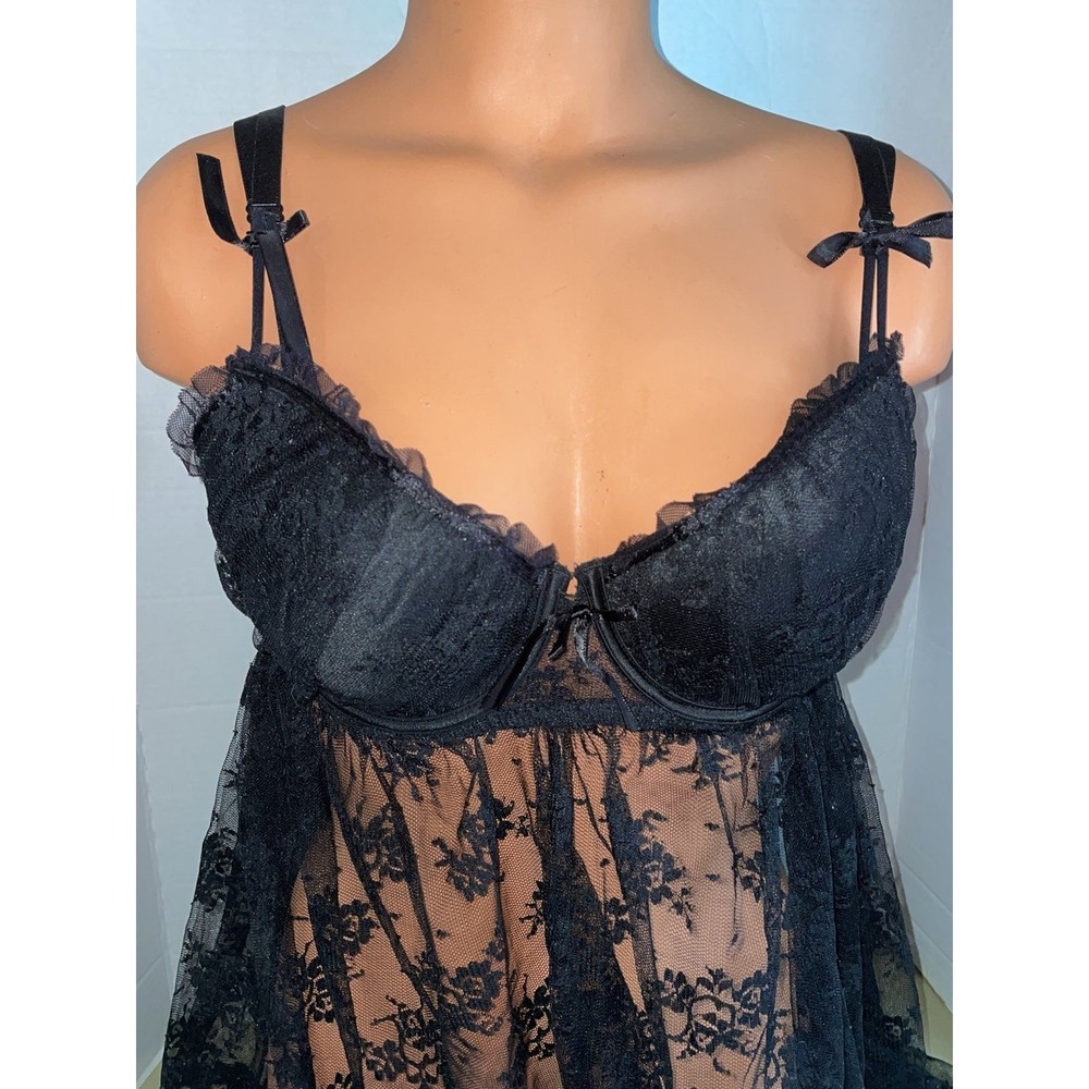 Black PEEK A BOO lacie babydoll negligee nightgown chemise Lingerie 2XL - Picture 3 of 7
